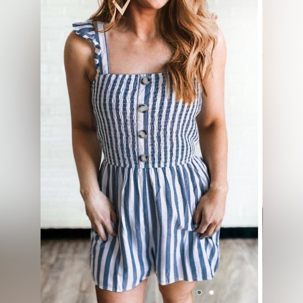 Andree by Unit Destin to be blue & white striped smocked faux button romper